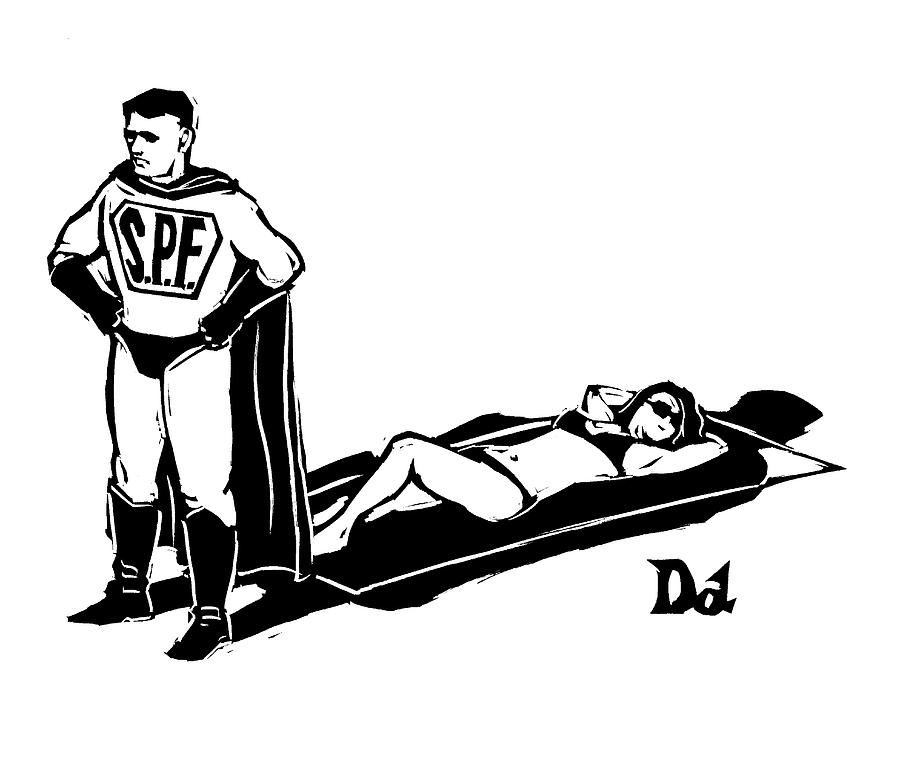 Captionless; Superhero Sunblock Drawing by Drew Dernavich Captionless; Superhero Sunblock Drawing by Drew Dernavich