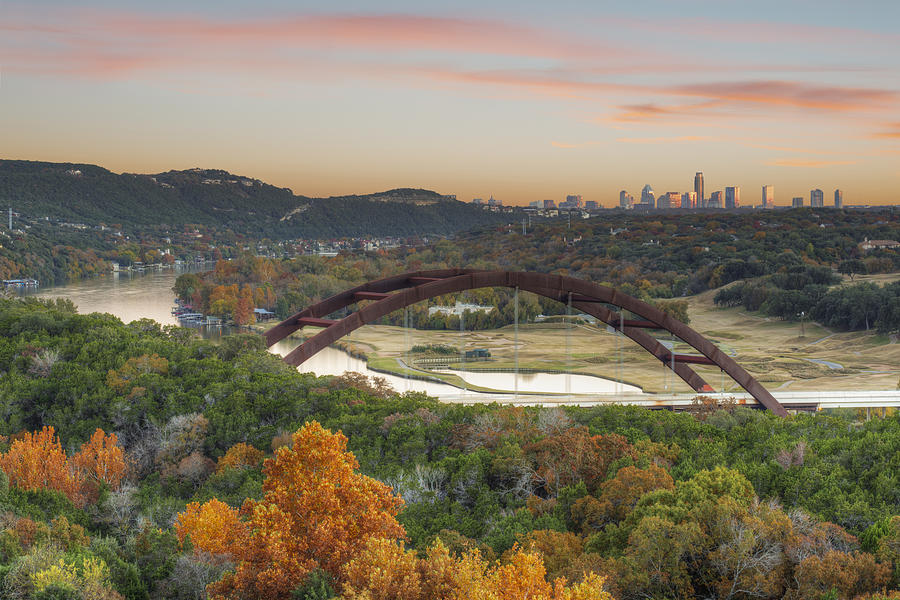 360 Bridge and the Austin Skyline in Autumn Photograph by Rob Greebon
