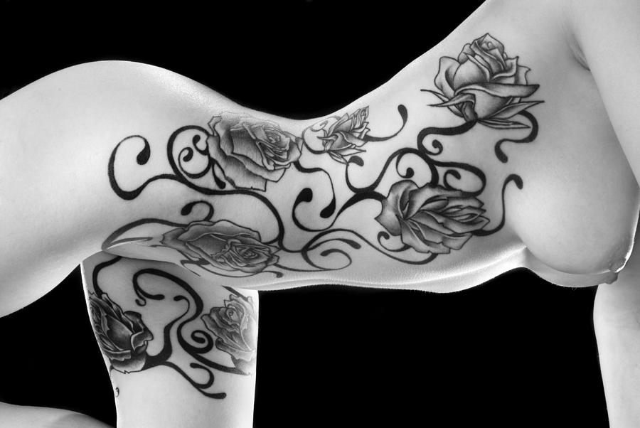 3682BW Black Rose Tattoo Side View with Full Breasts Photograph by Chris Maher