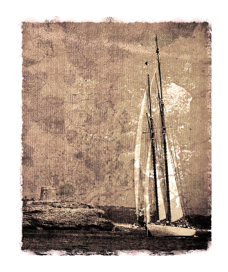 39 sailboat - In a grunge process close to menorca shore beside a defensive tower of xviii century Photograph by Pedro Cardona Llambias