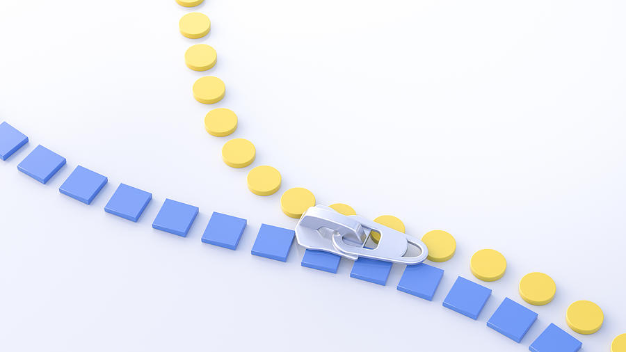 3D Illustration, zipper, yellow circles and blue squares Drawing by Westend61