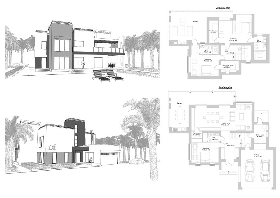 3d Sketch Of A Modern Private Building With A Terrace Facade And Back Yard View Surrounded By Palm Trees Floor Plan Layout Blueprint Illustration