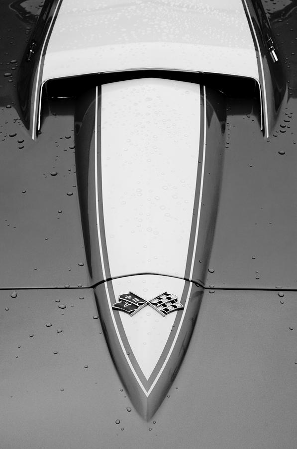 Black And White Photograph - 1967 Chevrolet Corvette Hood Emblem #9 by Jill Reger