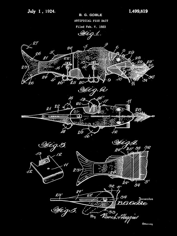 Artificial Bait Patent 1923 - Black Digital Art by Stephen Younts