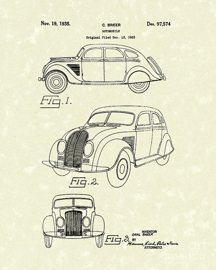 Automobile 1935 Patent Art #4 Drawing by Prior Art Design