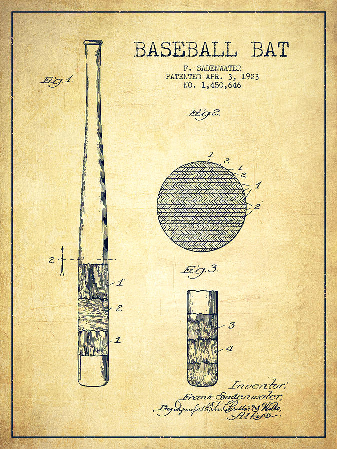 Baseball Bat Patent Drawing From 1923 Drawing