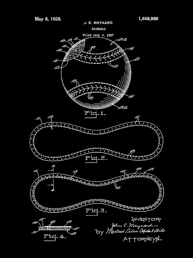 Baseball Digital Art - Baseball Patent 1927 - Black by Stephen Younts