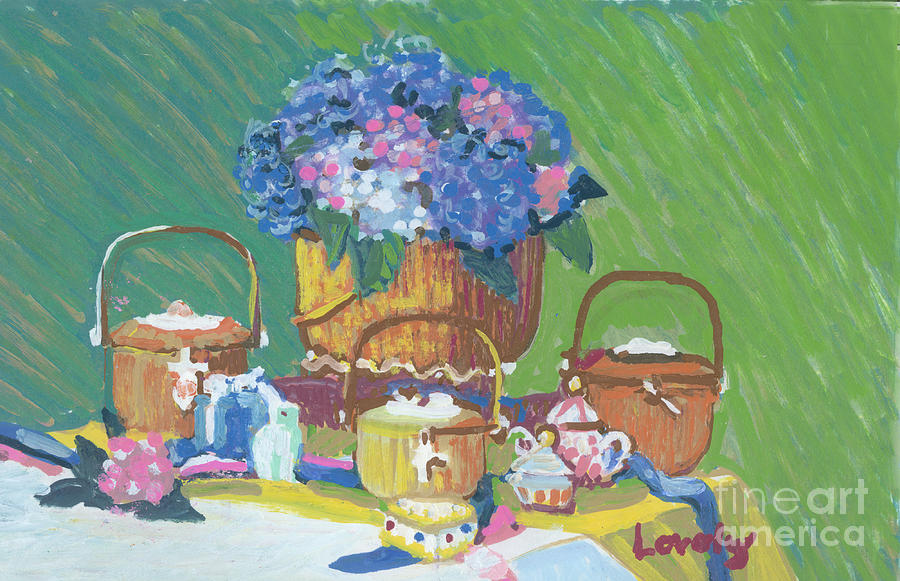 4 Baskets with Hydrangeas Painting by Candace Lovely