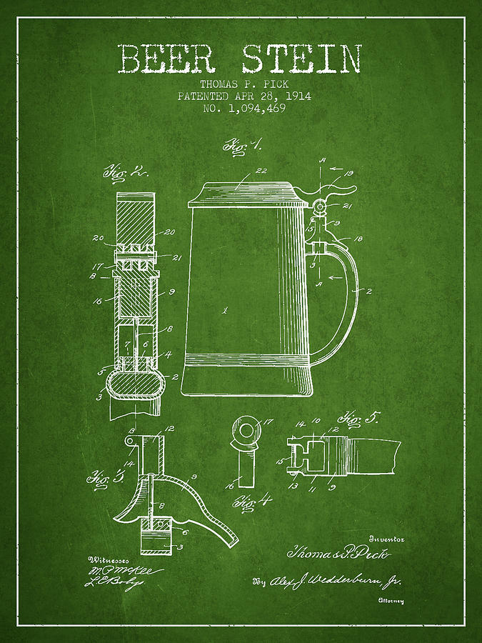 Beer Digital Art - Beer Stein Patent from 1914 - Green by Aged Pixel
