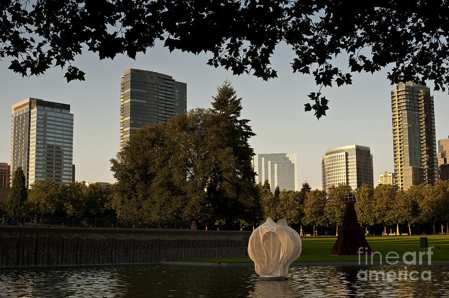 Bellevue skyline from city park with fountain and waterfall at s #4 Photograph by Jim Corwin