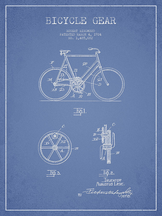 Bicycle Gear Patent Drawing From 1922 - Light Blue Digital Art