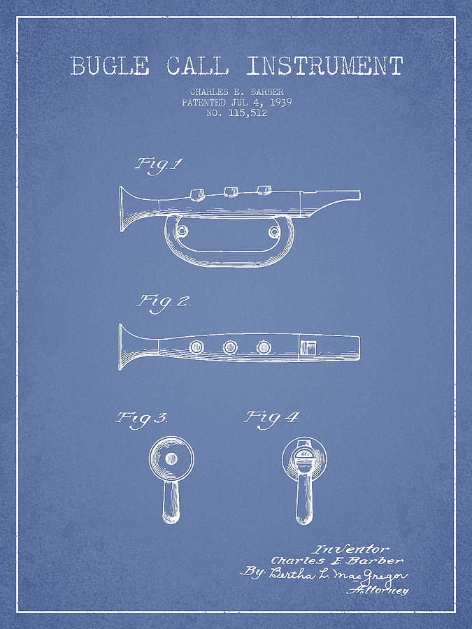 Bugle Call Instrument Patent Drawing From 1939 - Light Blue Digital Art