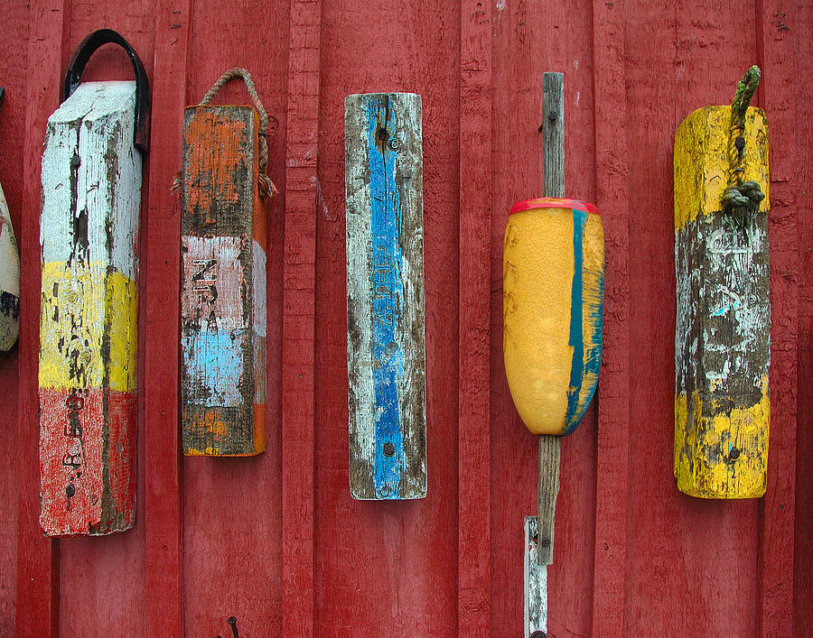 Buoys at Rockport Motif Number One Lobster Shack Maritime #4 Photograph by Jon Holiday