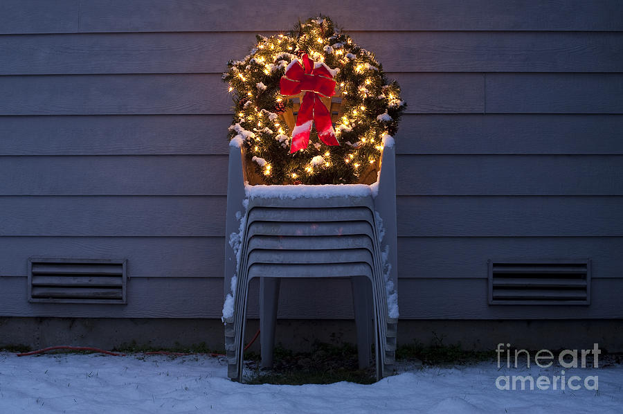 Christmas wreath on lawn chairs with snow #4 Photograph by Jim Corwin