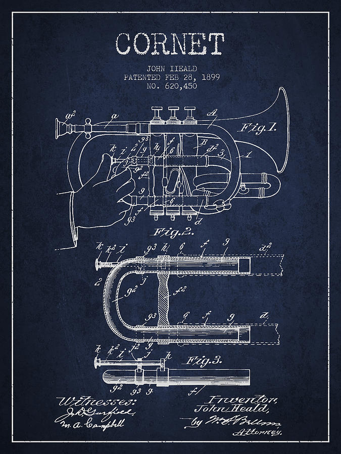 Cornet Patent Drawing From 1899 - Navy Blue Digital Art