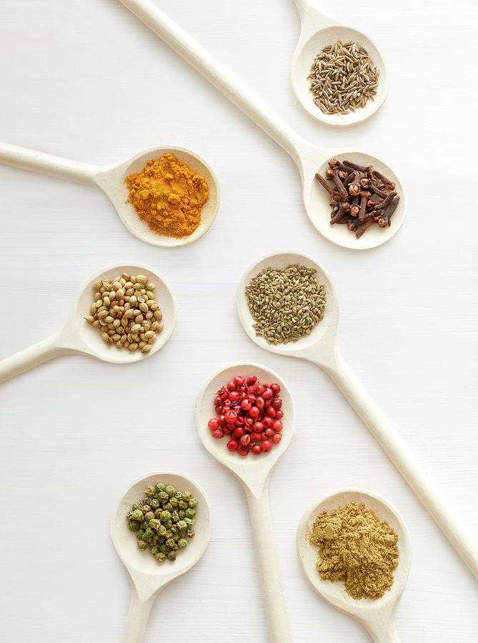 Dried Spices On White Spoons Photograph By Science Photo Library Fine