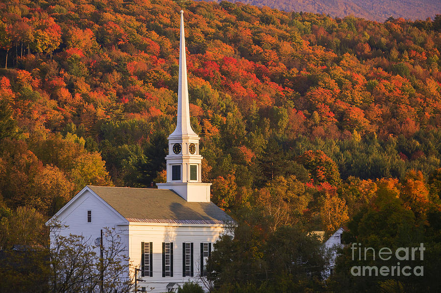 Fall foliage behind a rural Vermont church #4 Photograph by Don Landwehrle