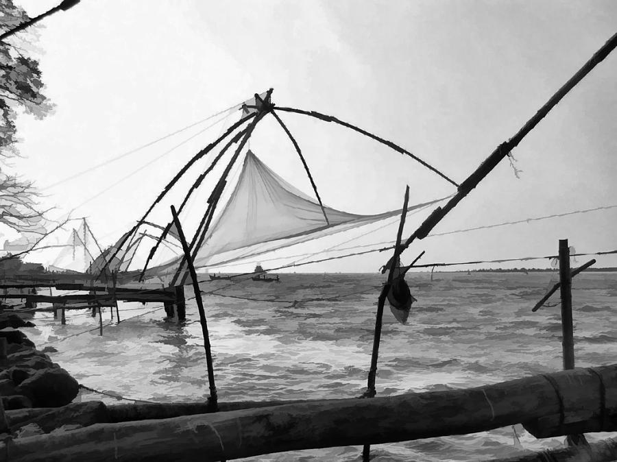 Fishing nets on the sea coast in Alleppey #4 Digital Art by Ashish Agarwal