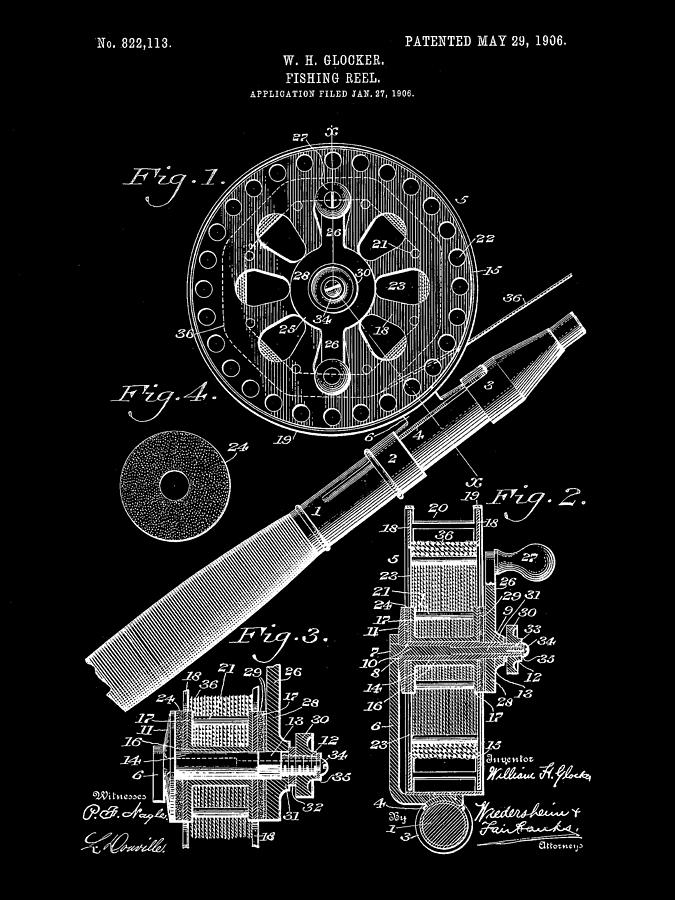 Fish Digital Art - Fishing Reel Patent 1906 - Black by Stephen Younts