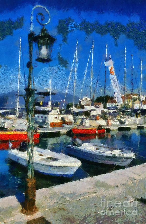 Yachts Painting - Fiskardo town in Kefallonia island #3 by George Atsametakis