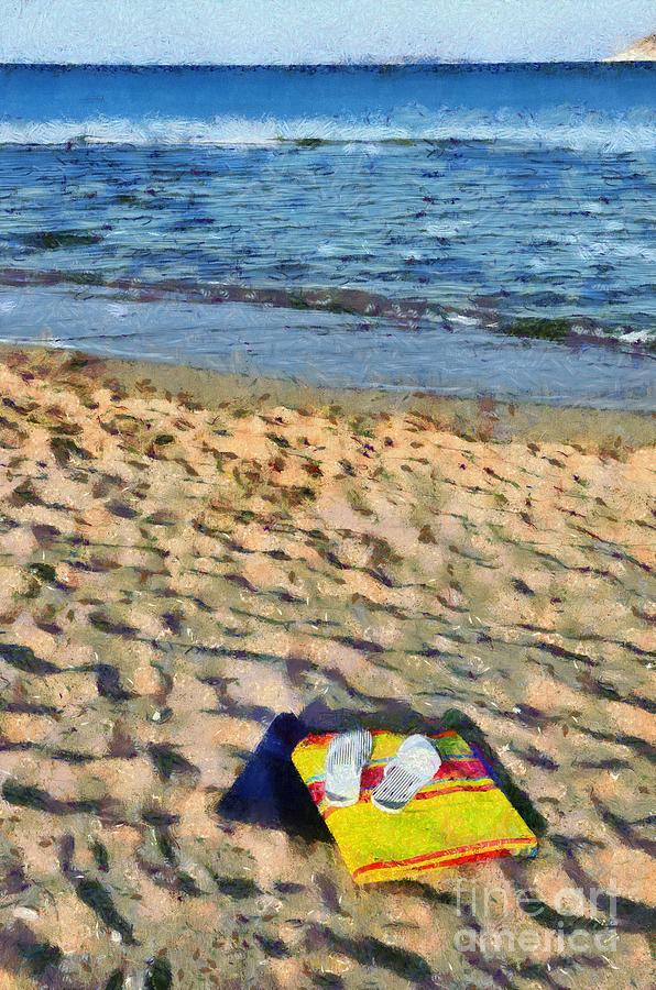 Summer Painting - Flip flops and towels on beach #4 by George Atsametakis