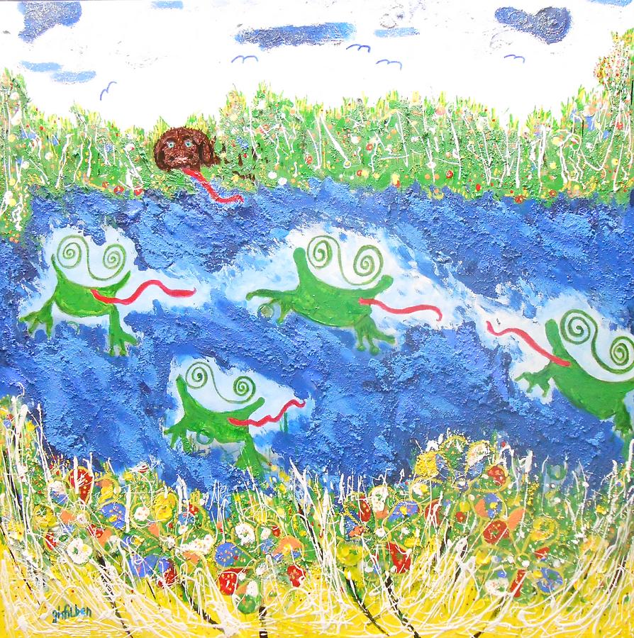 4 Frogs and a Bear Painting by GH FiLben