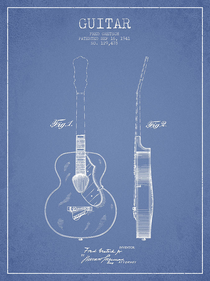 Music Digital Art - Gretsch guitar patent Drawing from 1941 - Light Blue by Aged Pixel