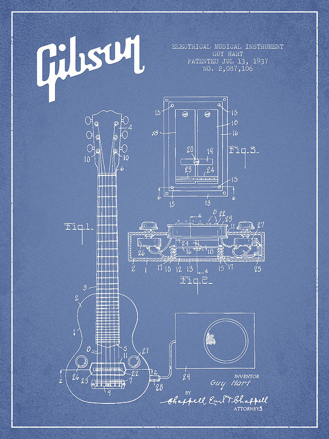 Bass Digital Art - Hart Gibson electrical musical instrument patent Drawing from 19 #2 by Aged Pixel