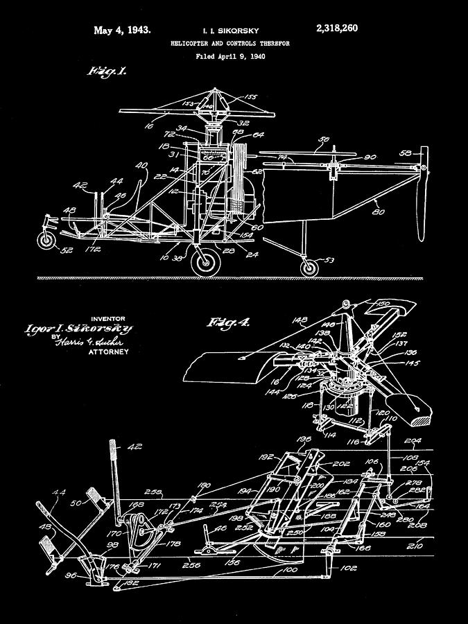 Helicopter Digital Art - Helicopter Patent 1940 - Black by Stephen Younts