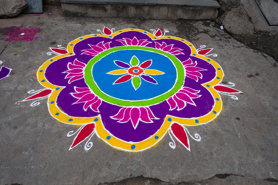 HYDERABAD, INDIA - JANUARY 12,2017 Decorative floral patterns known as Rangoli outside a home on Pongal festival in Hyderabad #4 Photograph by Sanjay Borra