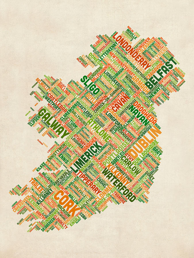Typography Digital Art - Ireland Eire City Text map #4 by Michael Tompsett