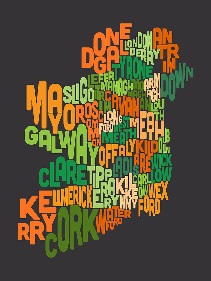 Typography Digital Art - Ireland Eire County Text Map #4 by Michael Tompsett
