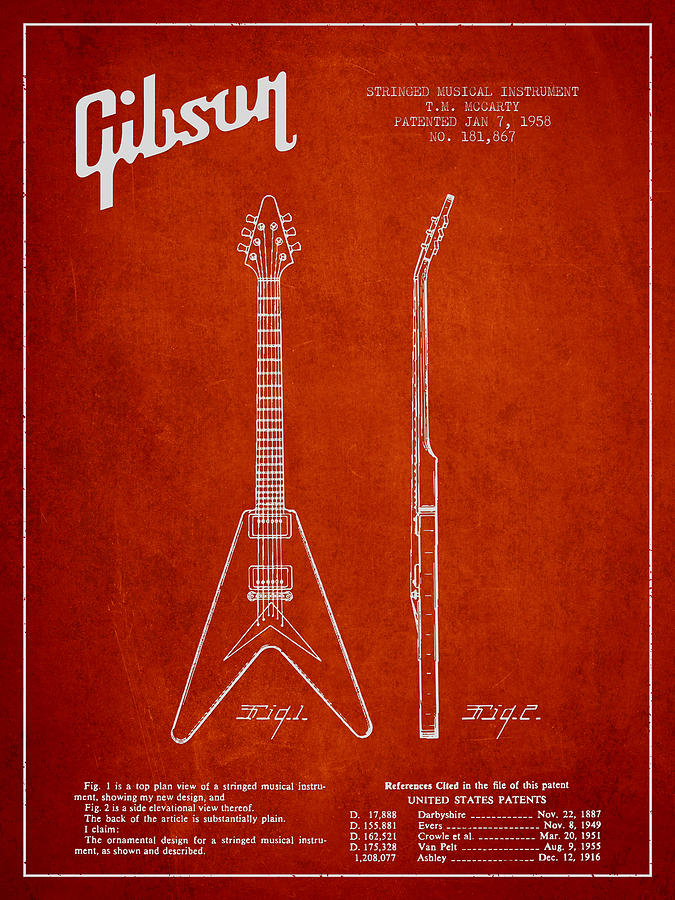 Bass Digital Art - Mccarty Gibson Electric guitar patent Drawing from 1958 - Red by Aged Pixel