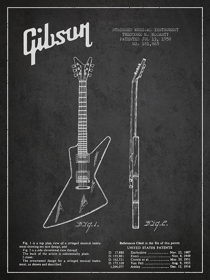 Bass Digital Art - McCarty Gibson electrical guitar patent Drawing from 1958 - Dark by Aged Pixel