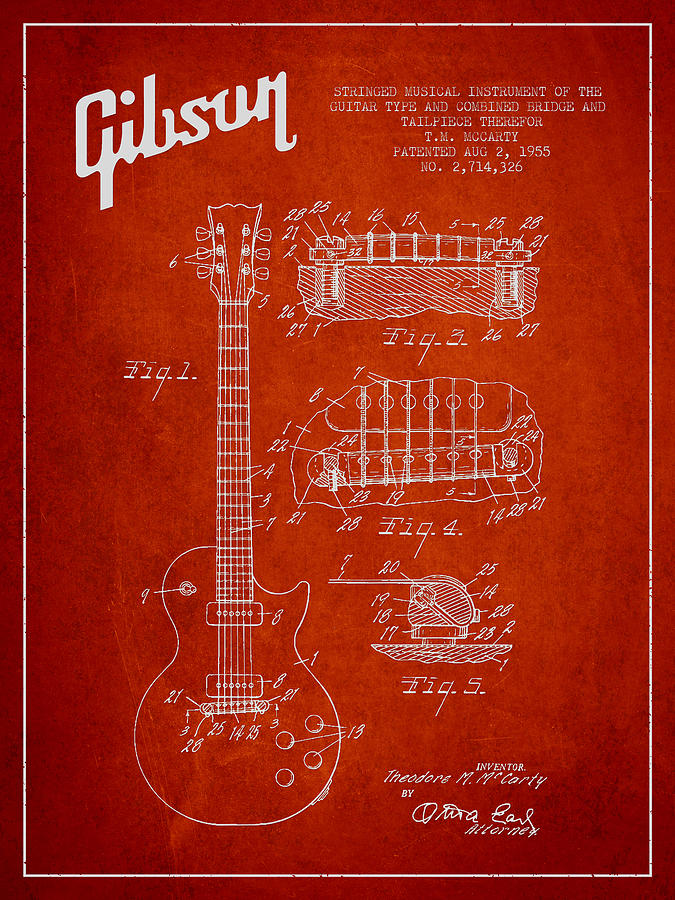 Bass Digital Art - Mccarty Gibson Les Paul guitar patent Drawing from 1955 - red by Aged Pixel