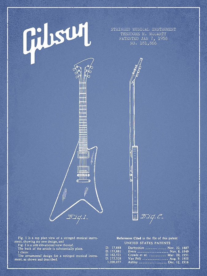 Bass Digital Art - McCarty Gibson stringed instrument patent Drawing from 1958 - Light Blue by Aged Pixel