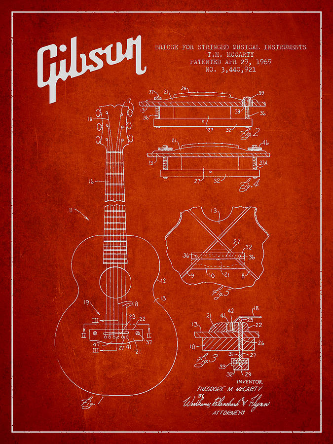 Bass Digital Art - Mccarty Gibson stringed instrument patent Drawing from 1969 - Red by Aged Pixel