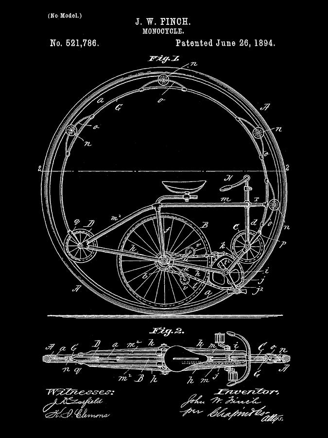 Monocycle Patent 1894 - Black Digital Art by Stephen Younts