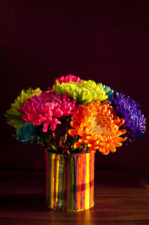 Multicolored Chrysanthemums In Paint Can Photograph