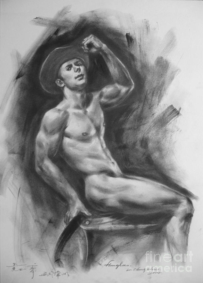 Original Drawing Sketch Charcoal Chalk Male Nude Gay Man Art Pencil On Paper By Hongtao #2 Painting by Hongtao Huang