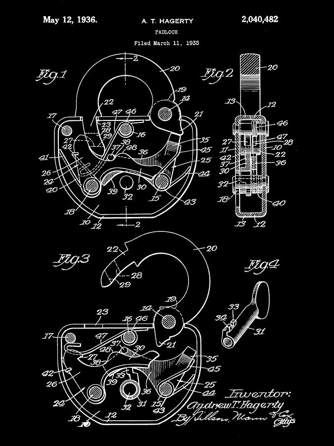 Padlock Digital Art - Padlock Patent 1935 - Black by Stephen Younts