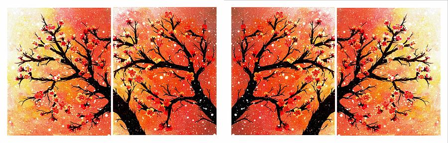4-Panel Snow on the Orange Cherry Blossom Trees Painting by Barbara A Griffin