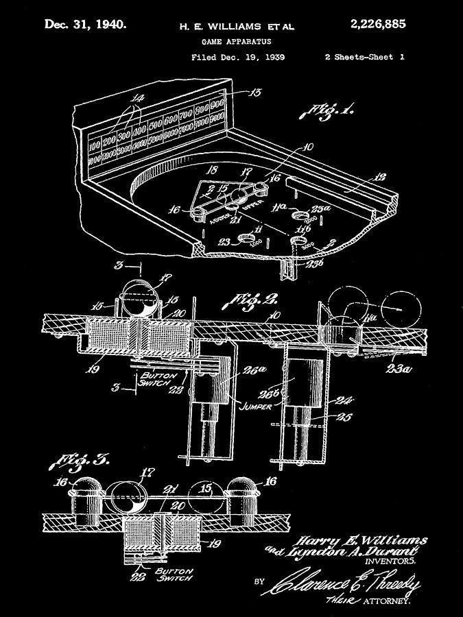 Pinball Machine Patent 1939 - Black Digital Art by Stephen Younts