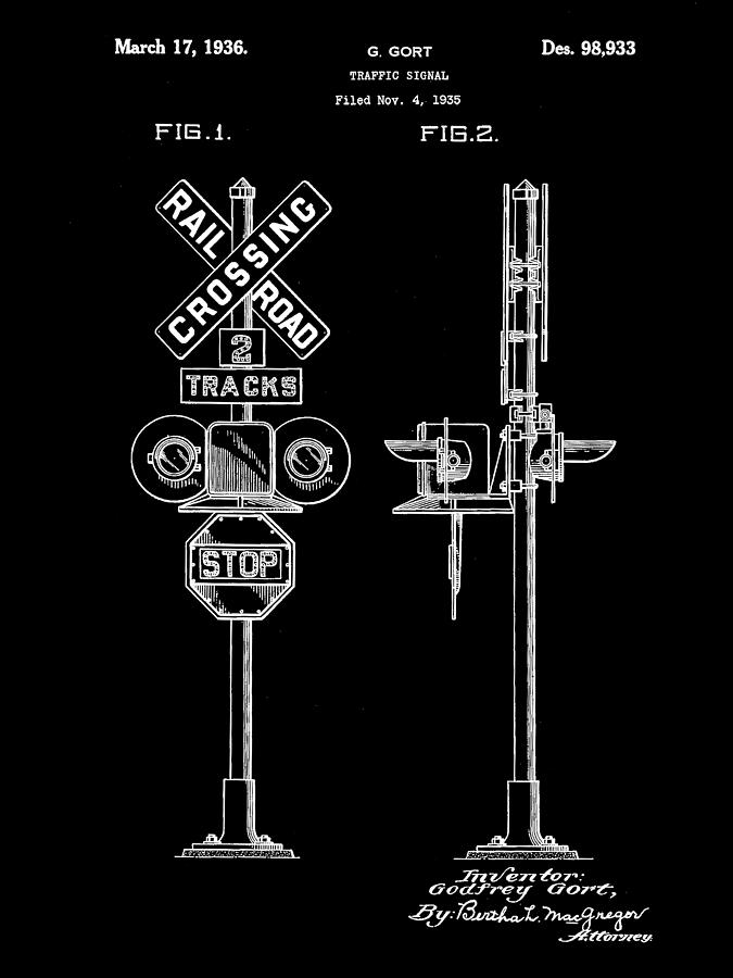 Railroad Crossing Signal Patent 1935 - Black Digital Art by Stephen Younts