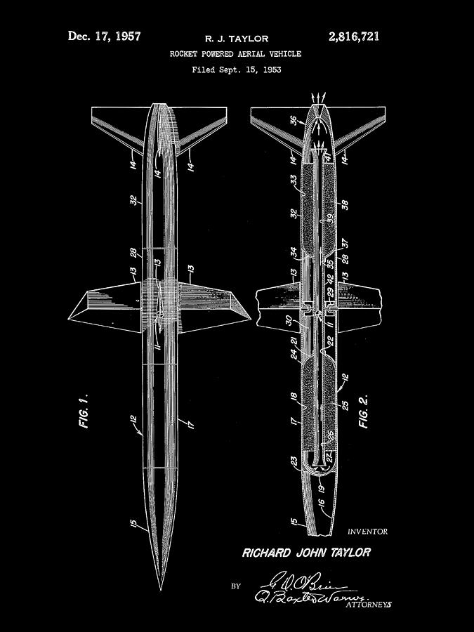Space Digital Art - Rocket Patent 1953 - Black by Stephen Younts