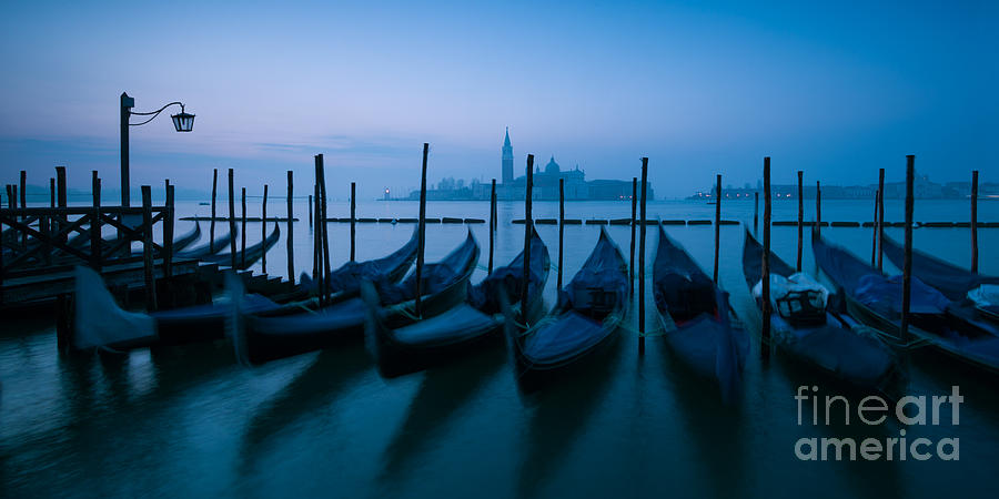 Row of gondolas at sunrise Venice Italy #4 Photograph by Matteo Colombo