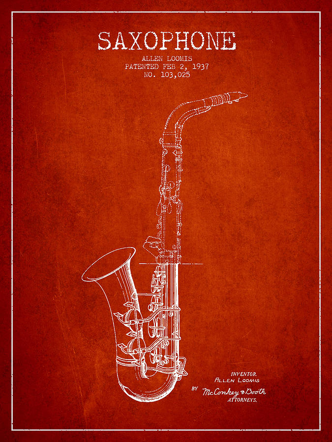 Musician Digital Art - Saxophone Patent Drawing From 1937 - Red by Aged Pixel