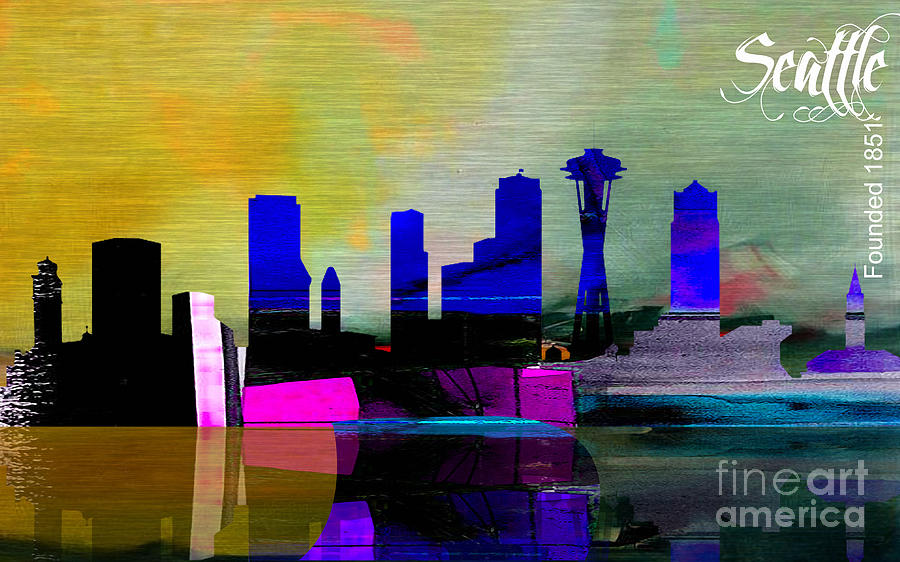 Seattle Skyline Watercolor #4 Mixed Media by Marvin Blaine