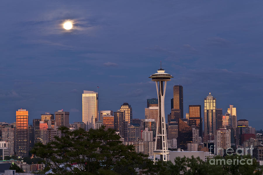 Seattle Skyline with moonrise and Space Needle #4 Photograph by Jim Corwin