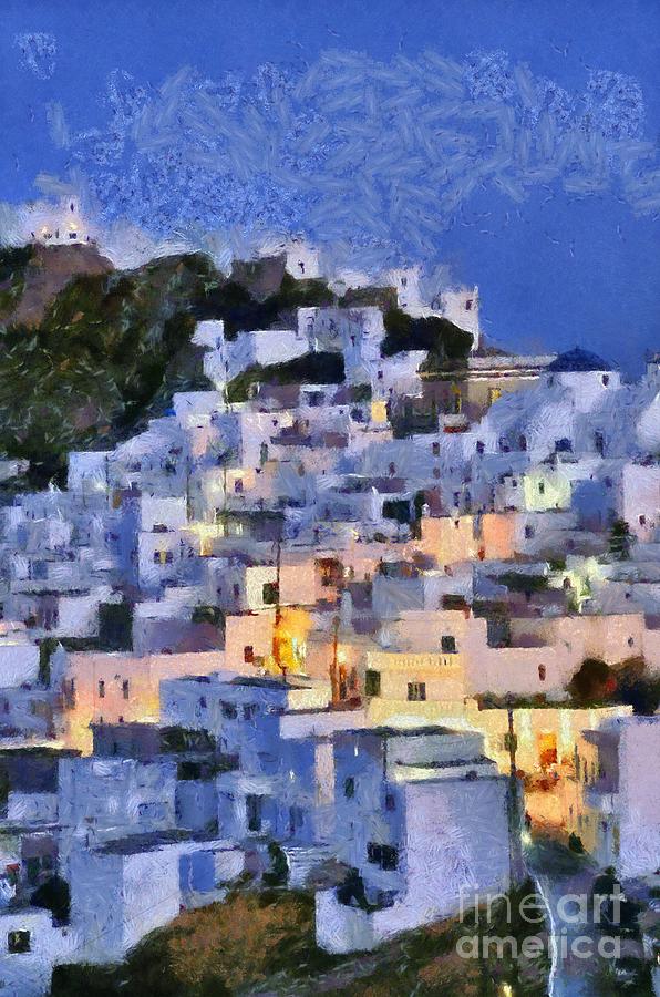 Serifos town during dusk time Painting by George Atsametakis